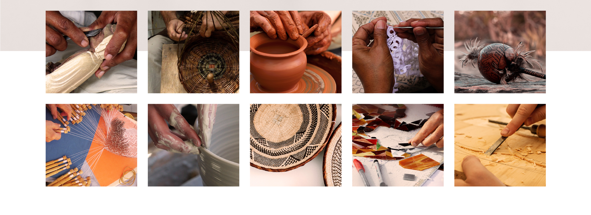 Conjunto de dez fotos que exemplificam a linguagem fotográfica do portal CRAB, focando no processo manual do artesanato.